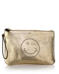 Anya Hindmarch Smiley Winking Face Metallic Perforated Leather Wristlet