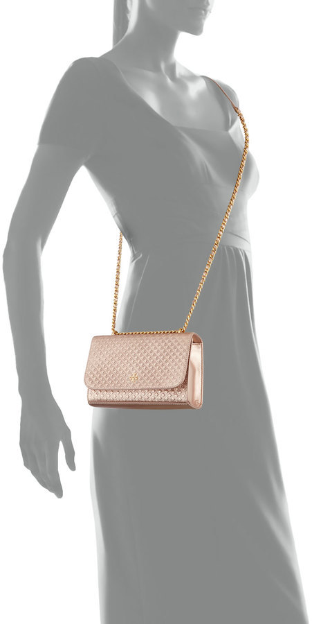 Tory Burch Marion Embossed Metallic Shrunken Shoulder Bag Rose Gold, $295 |  Neiman Marcus | Lookastic