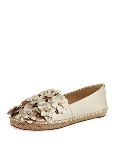 Tory Burch Blossom Leather Espadrille Flat Gold, $225 | Neiman Marcus |  Lookastic