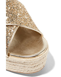 Miu Miu Glittered Leather Espadrille Platform Sandals Gold
