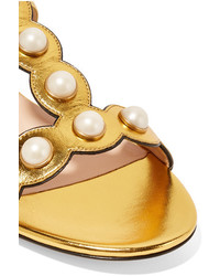 Gucci Embellished Metallic Leather Sandals Gold