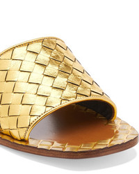 Bottega Veneta Metallic Intrecciato Leather Slides Gold