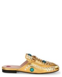 Gucci Princetown Jeweled Metallic Leather Loafer Slides