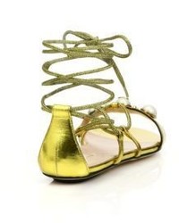 Gucci Willow Embellished Metallic Leather Lace Up Gladiator Sandals