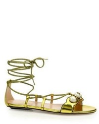 Gucci Willow Embellished Metallic Leather Lace Up Gladiator Sandals