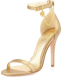 Alexander McQueen Ankle Wrap High Heel Sandal With Skull Charm Gold