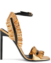 Saint Laurent Edie Ruffled Metallic Snake Effect Leather Sandals Gold
