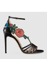 Gucci Embroidered Metallic Leather Mid Heel Sandal