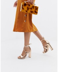Glamorous Gold Ankle Tie Block Heeled Sandals