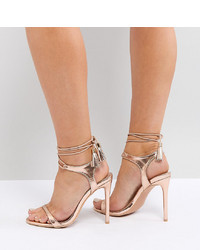 Lost Ink Wide Fit Gold Tie Up Heeled Sandals