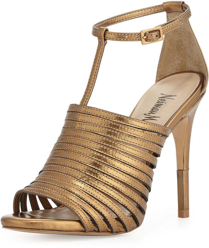 ... Heeled Sandals: Neiman Marcus Vera Strappy Leather Sandal Antique Gold