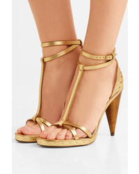 Burberry Studded Metallic Textured Leather Sandals Gold