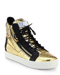 Giuseppe Zanotti Foiled Leather Crystal High Top Sneakers
