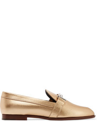 Tod's Metallic Textured Leather Loafers Gold