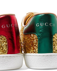 Gucci Ace Metallic Trimmed Glittered Leather Sneakers Gold