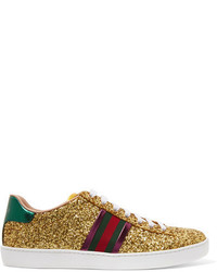 Gucci Ace Metallic Trimmed Glittered Leather Sneakers Gold