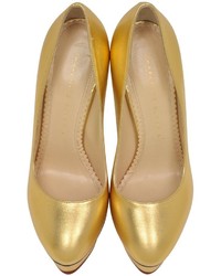 Charlotte Olympia Dolly Gold Metallic Leather Covered Platform Pump