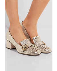 Gucci Fringed Metallic Cracked Leather Pumps Gold