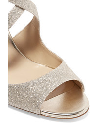 Jimmy Choo Emily Glittered Leather Sandals Platinum