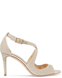 Jimmy Choo Emily Glittered Leather Sandals Platinum