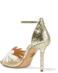 Charlotte Olympia Margherite Appliqud Mesh And Glittered Leather Sandals Gold