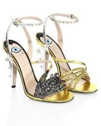 Gucci Wangy Crystal Encrusted Metallic Leather Sandals