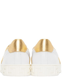 Versace White And Gold Slip On Sneakers