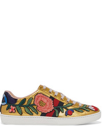 Gucci Ace Watersnake Trimmed Appliqud Metallic Leather Sneakers Gold