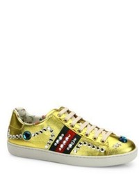 Gucci New Ace Jeweled Metallic Leather Sneakers