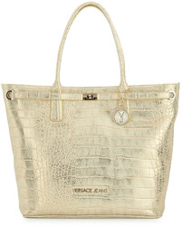 Versace Jeans Large Crocodile Embossed Faux Leather Tote Bag Gold