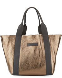 Brunello Cucinelli Shearling Lined Metallic Leather Tote Bag