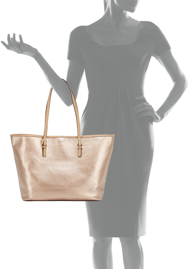 New Neiman Marcus Rose Gold Faux Leather Tote Bag Shoulder Bag Purse  18”x11”x5”
