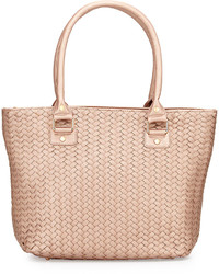 Neiman Marcus Woven Faux Leather Shopper Tote Bag Rose Gold