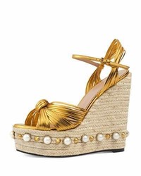 Gucci Barbette Knotted Espadrille Wedge Sandal Gold