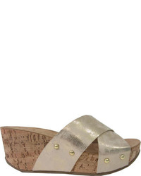 Beston Lessie Cork Wedge Slide Gold Faux Leather Sandals