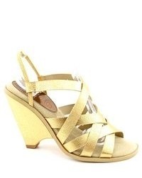 Ellen Tracy Raven Gold Open Toe Leather Wedge Sandals Shoes