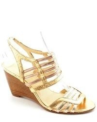 Enzo Angiolini Hobson Gold Open Toe Leather Wedge Sandals Shoes