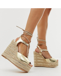 River Island Heeled Wedge Shoes With Ankle Ties In Gold