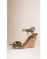 Burberry House Check And Metallic Leather Wedge Sandals