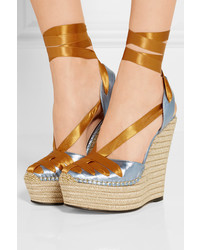 Gucci Metallic Leather And Satin Espadrille Wedge Sandals Brass