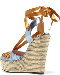 Gucci Metallic Leather And Satin Espadrille Wedge Sandals Brass