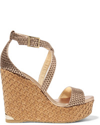 Jimmy Choo Portia Embossed Leather Wedge Sandals Gold