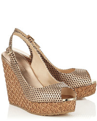 Jimmy Choo Prova Nude Matt Metallic Embossed Leather Sandals With Lasered Cork Covered Wedge