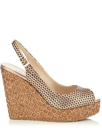 Jimmy Choo Prova Nude Matt Metallic Embossed Leather Sandals With Lasered Cork Covered Wedge
