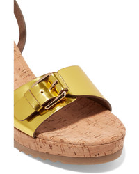 Stella McCartney Sold Out Faux Metallic Patent Leather And Cork Wedge Sandals