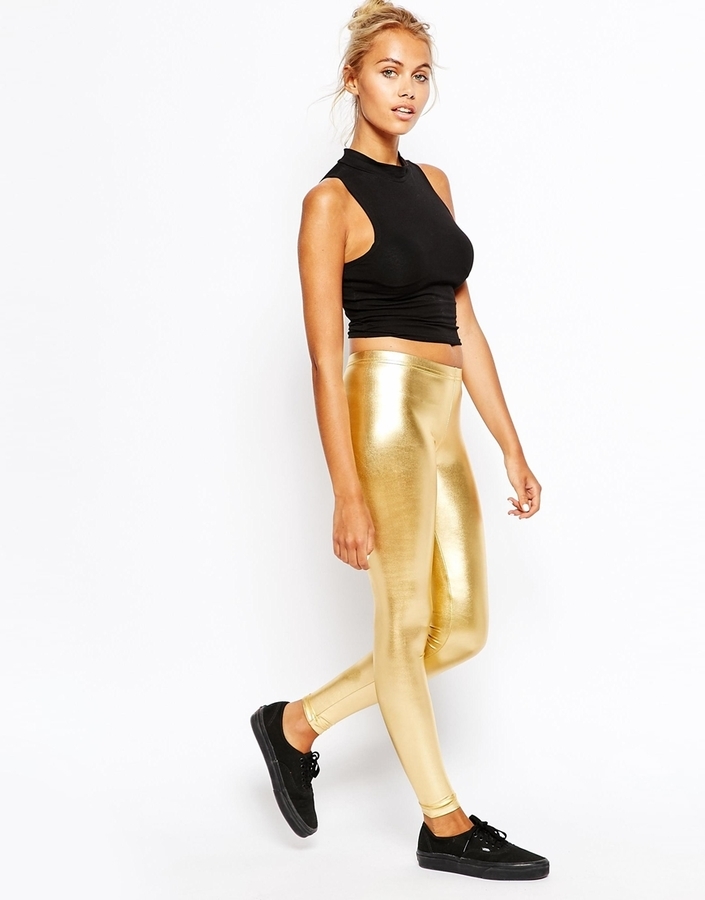 Womens Gold Metallic Leggings  Womens Lamé Gold Costume Leggings