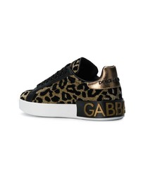 Dolce & Gabbana Metallic Gold Black And White Leopard Leather Sneakers
