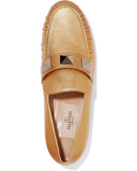 Valentino The Rockstud Metallic Textured Leather Loafers Gold