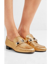Valentino The Rockstud Metallic Textured Leather Loafers Gold