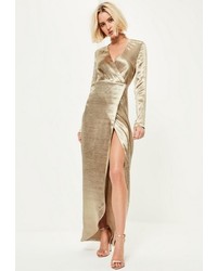 Missguided Gold Metallic Long Sleeve Plunge Wrap Maxi Dress